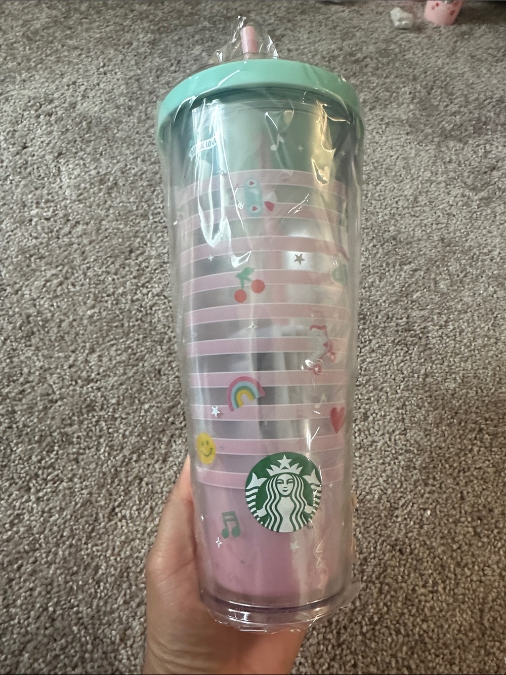 Starbucks Pink and Mint Icon Stripe Reusable Tumbler